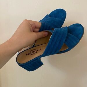 Sesto Meucci Size 7 Blue Suede Block-Heel Mules Made in Italy VERO CUOIO